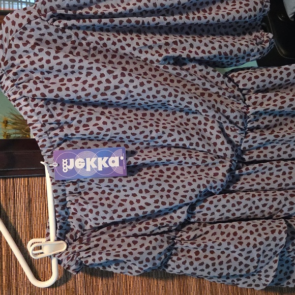 Blue & Brown Polka Dot 3-Layered Ruffle Long Dress - Picture 2 of 11